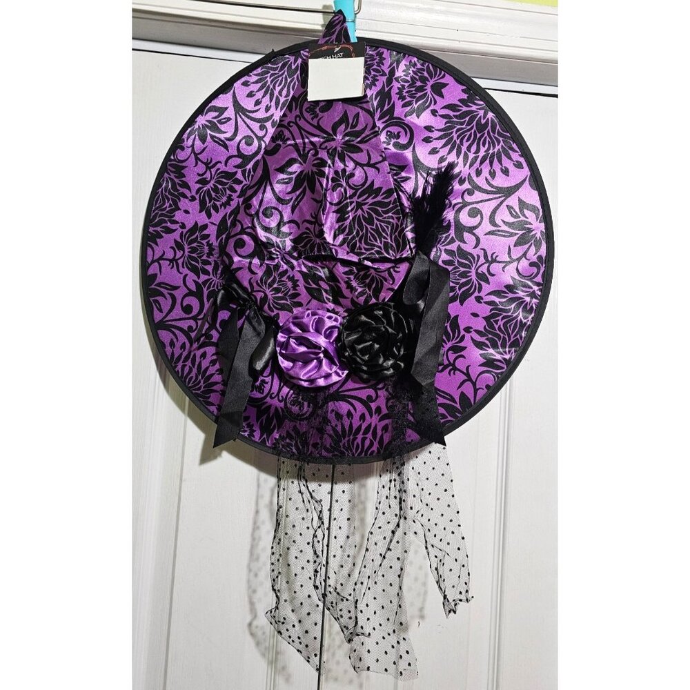 20" Purple Black Damask Floral Print Witch Hat Costume Halloween Hanging Decor